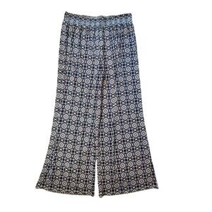 HALO Wide Leg Pull On Pants Women's Blue White Geometric Stretchy Waist Boho XL‎